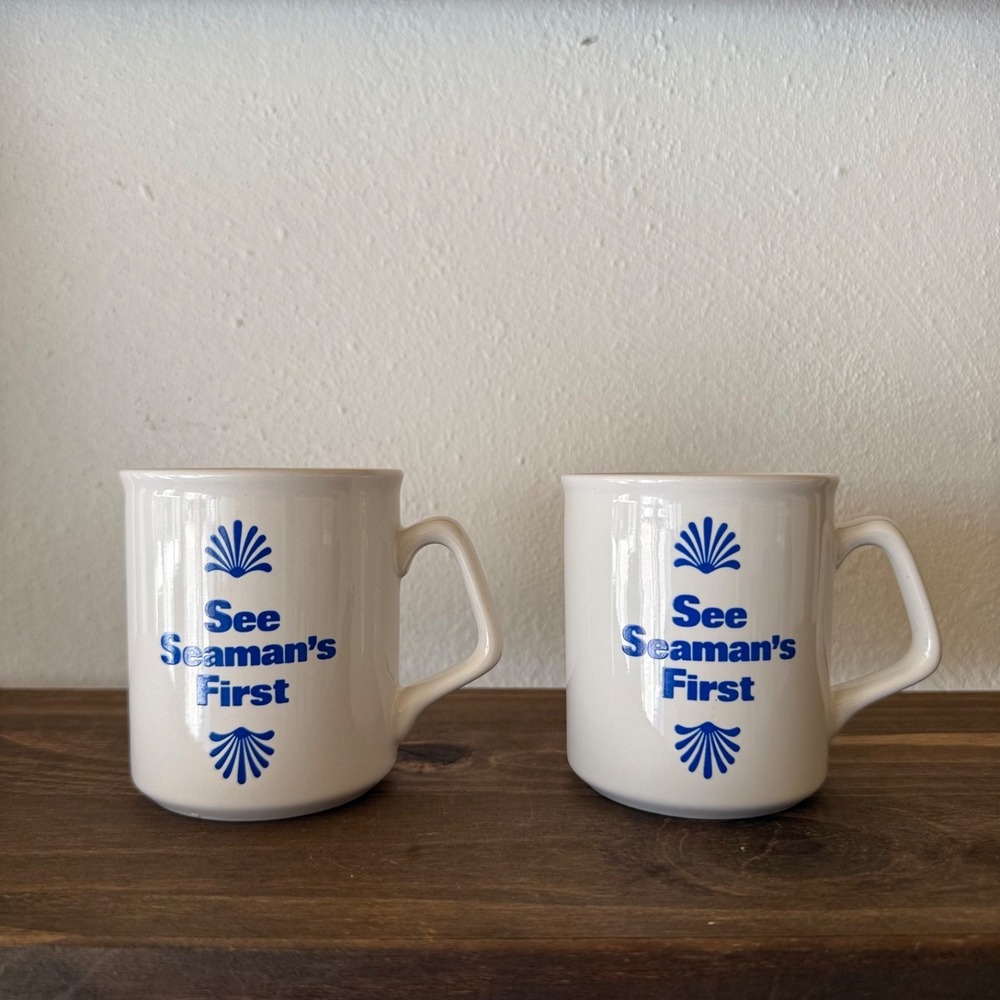 Vintage See Seaman's First Coffee Mugs Set of 2 1980s Diner Style